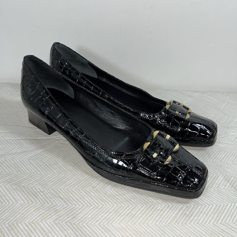 AMALFI by Rangoni Womens Black Croc Embossed Patent Leather Loafer Shoes 10 Slim
